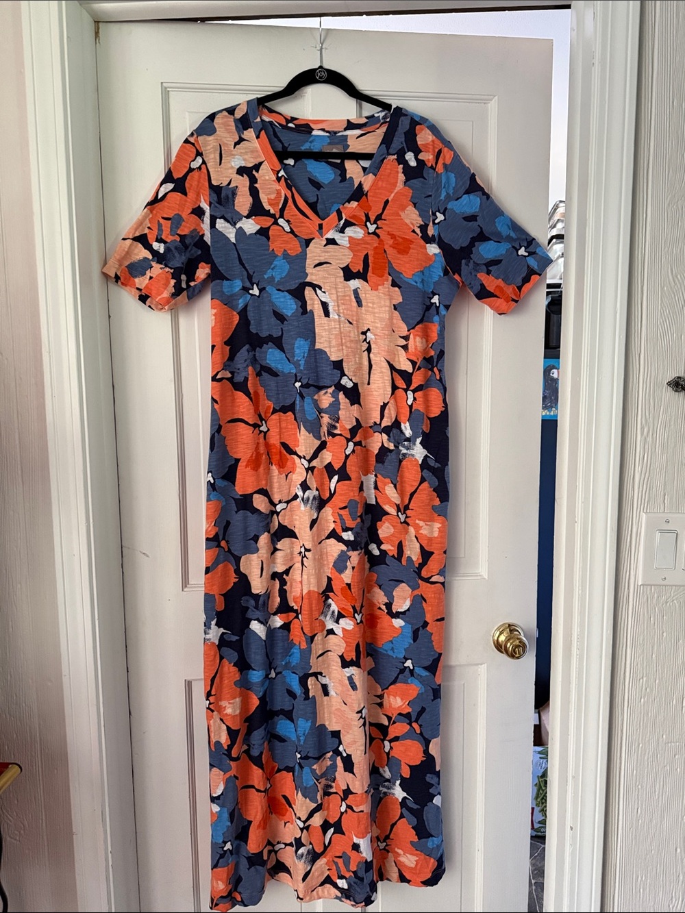Chico's Floral V-Neck Maxi Dress in Orange, Blue & Navy